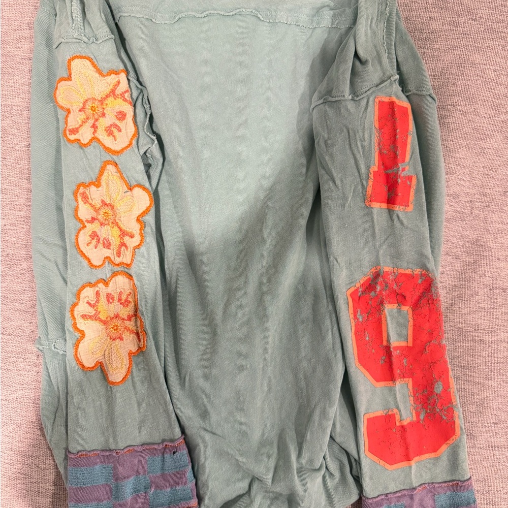 We The Free Green Sweatshirt with Floral and Geometric Sleeves